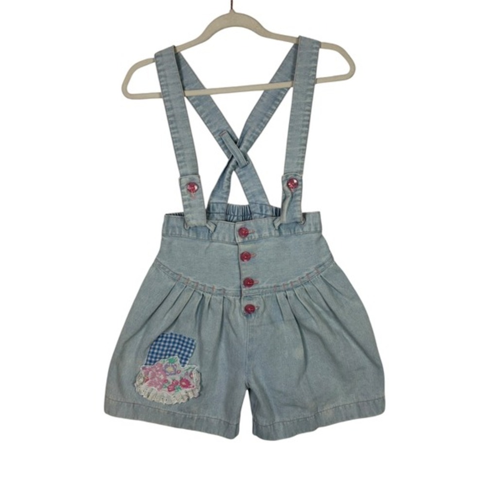 Vtg Girls Light Wash Denim Romper Suspender Shorts Pink Glitter Buttons sz 6